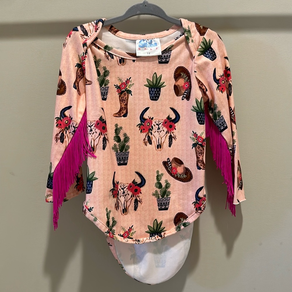 2T Girls Western wear bodysuit with magenta fringe